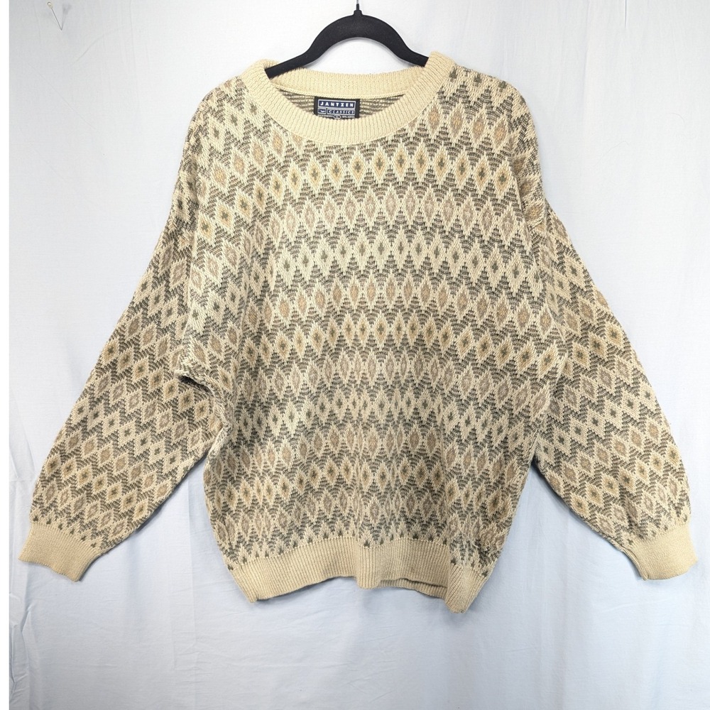 Jantzen Classics Mens Geometric Diamond Knit Sweater Pullover Beige Tan XL